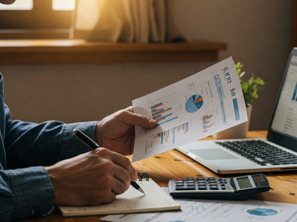 Imagen de un emprendedor calculando la ganancia neta de su pequeño negocio