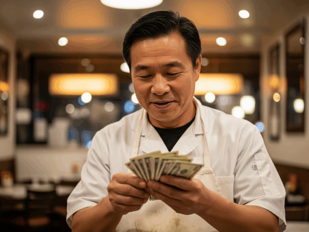 Emprendedor en su restaurante contando si realmente gana dinero y lo aprende con este metodo sencillo