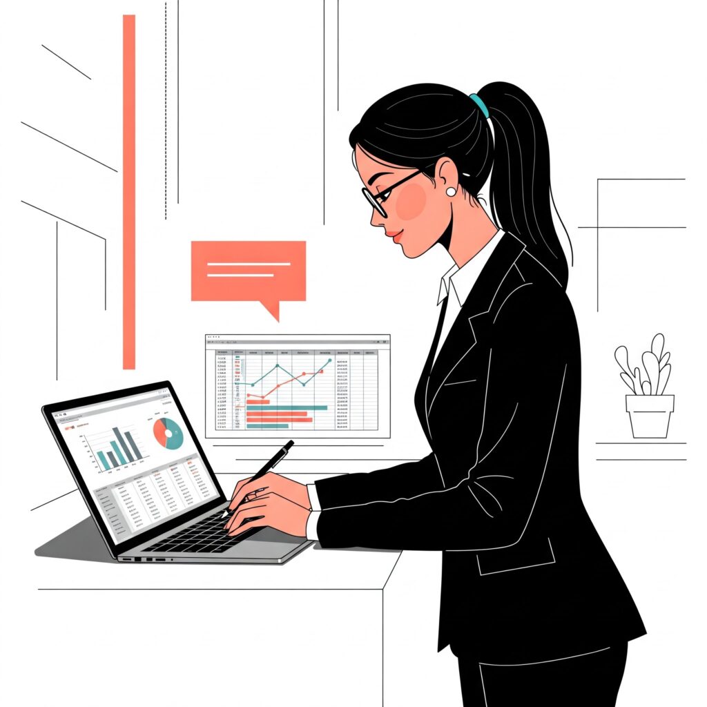 Ilustracion de una emprendedora gestionando el flujo de efectivo en un negocio pequeño